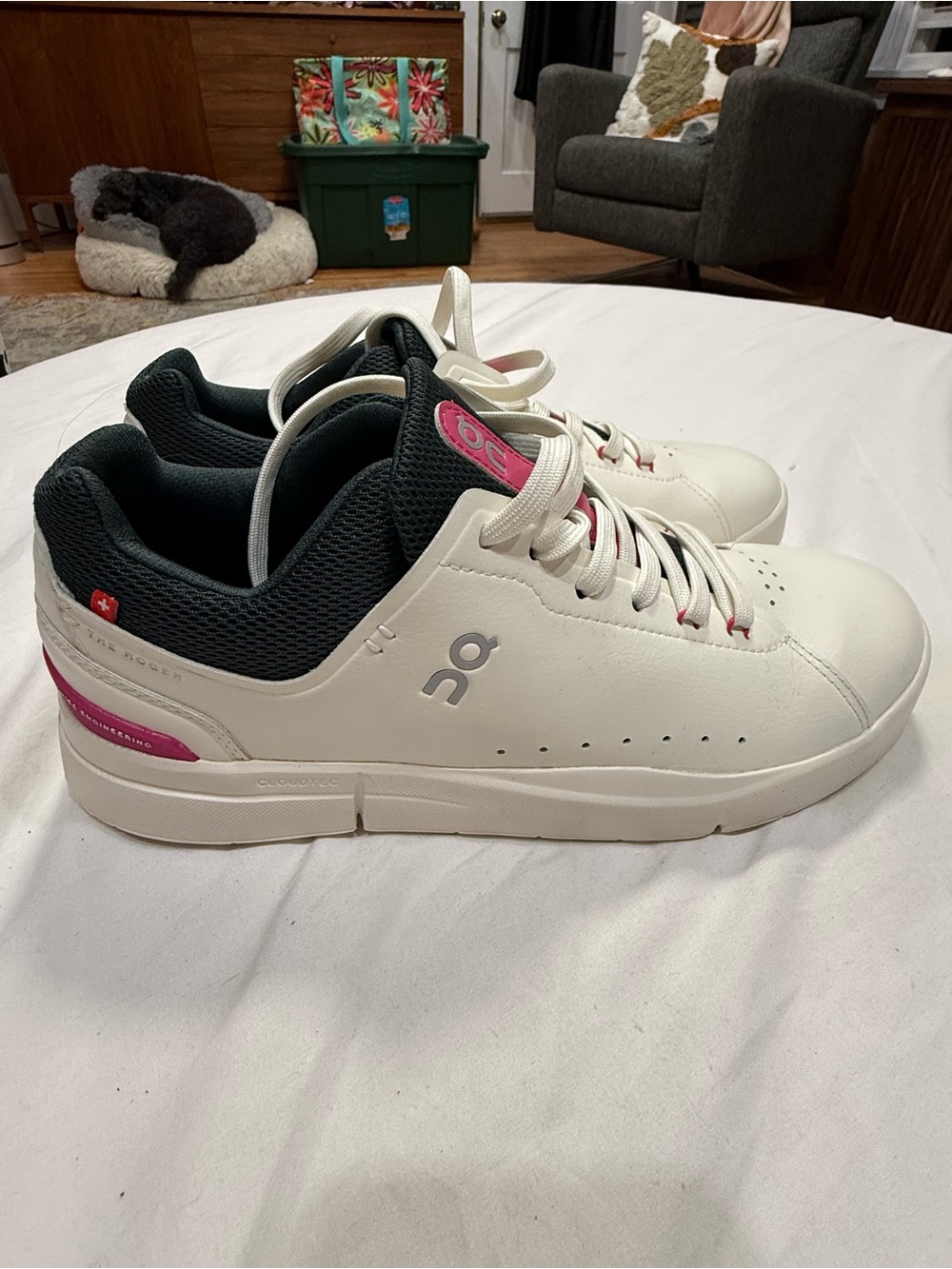 On Cloud Roger Tennis Shoes White Sneakers Blue Pink Details NWOB Size 8.5
